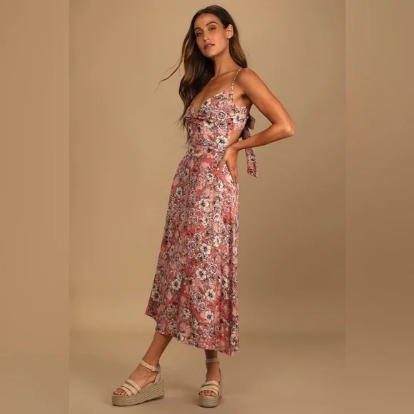 Lulus Ties With You Rose Pink Floral Print Tie-Back Midi Dress New - Picture 3 of 5